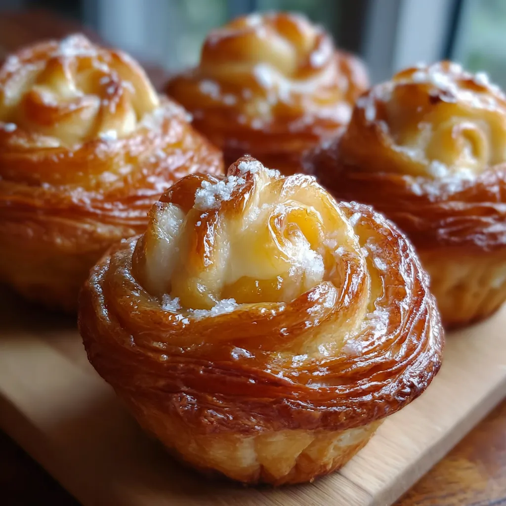 Peach Pie Cruffins in muffin tin with golden swirls, sprinkled with powdered sugar.