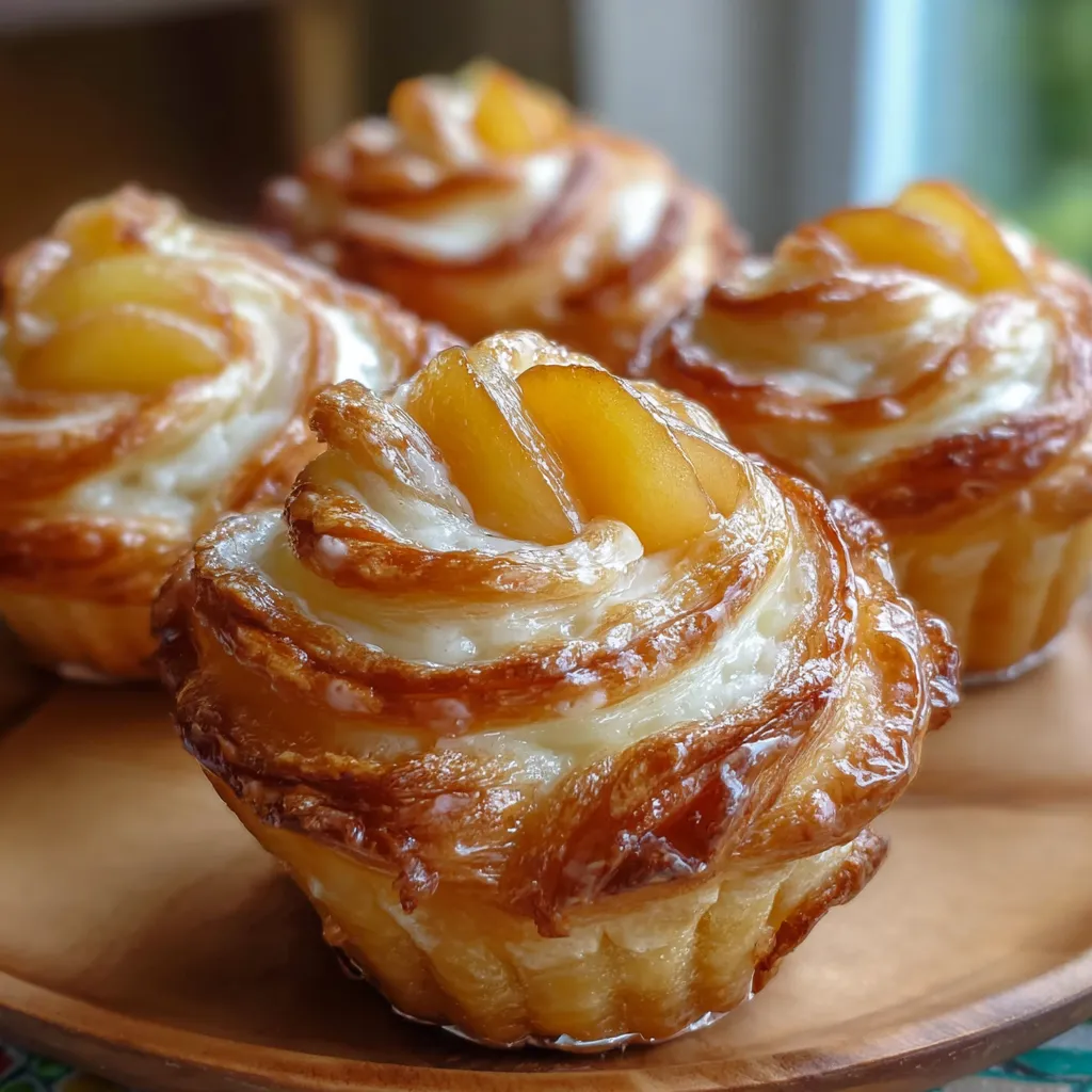 Peach Pie Cruffins in muffin tin with golden swirls, sprinkled with powdered sugar.