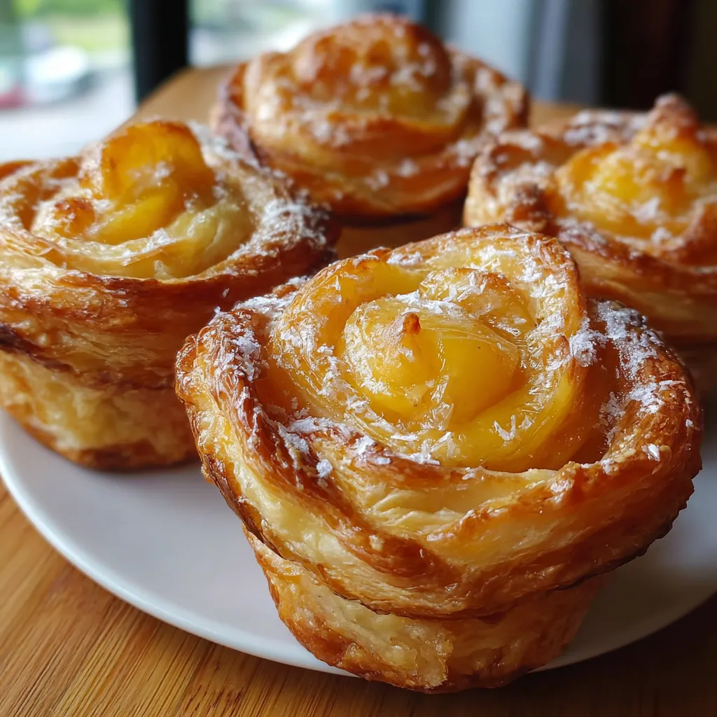 Peach Pie Cruffins in muffin tin with golden swirls, sprinkled with powdered sugar.