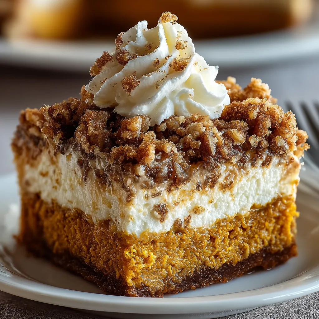Pumpkin Crunch Cake with creamy pumpkin filling, buttery cake topping, and toasted pecans on a plate.