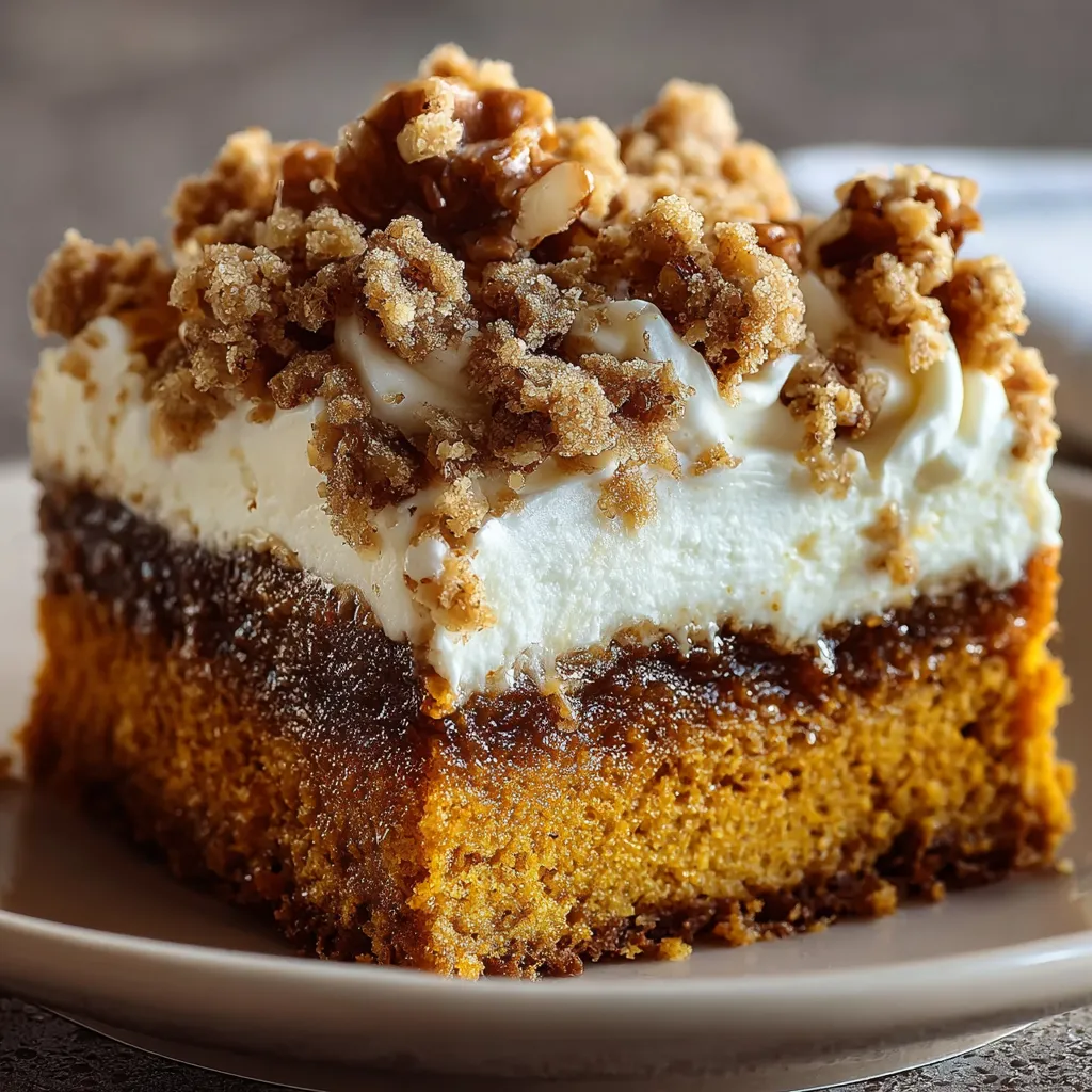 Pumpkin Crunch Cake with creamy pumpkin filling, buttery cake topping, and toasted pecans on a plate.