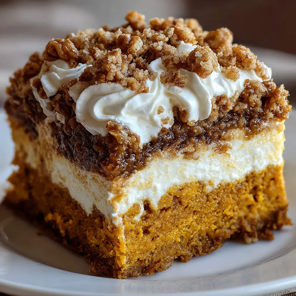 Pumpkin Crunch Cake with creamy pumpkin filling, buttery cake topping, and toasted pecans on a plate.