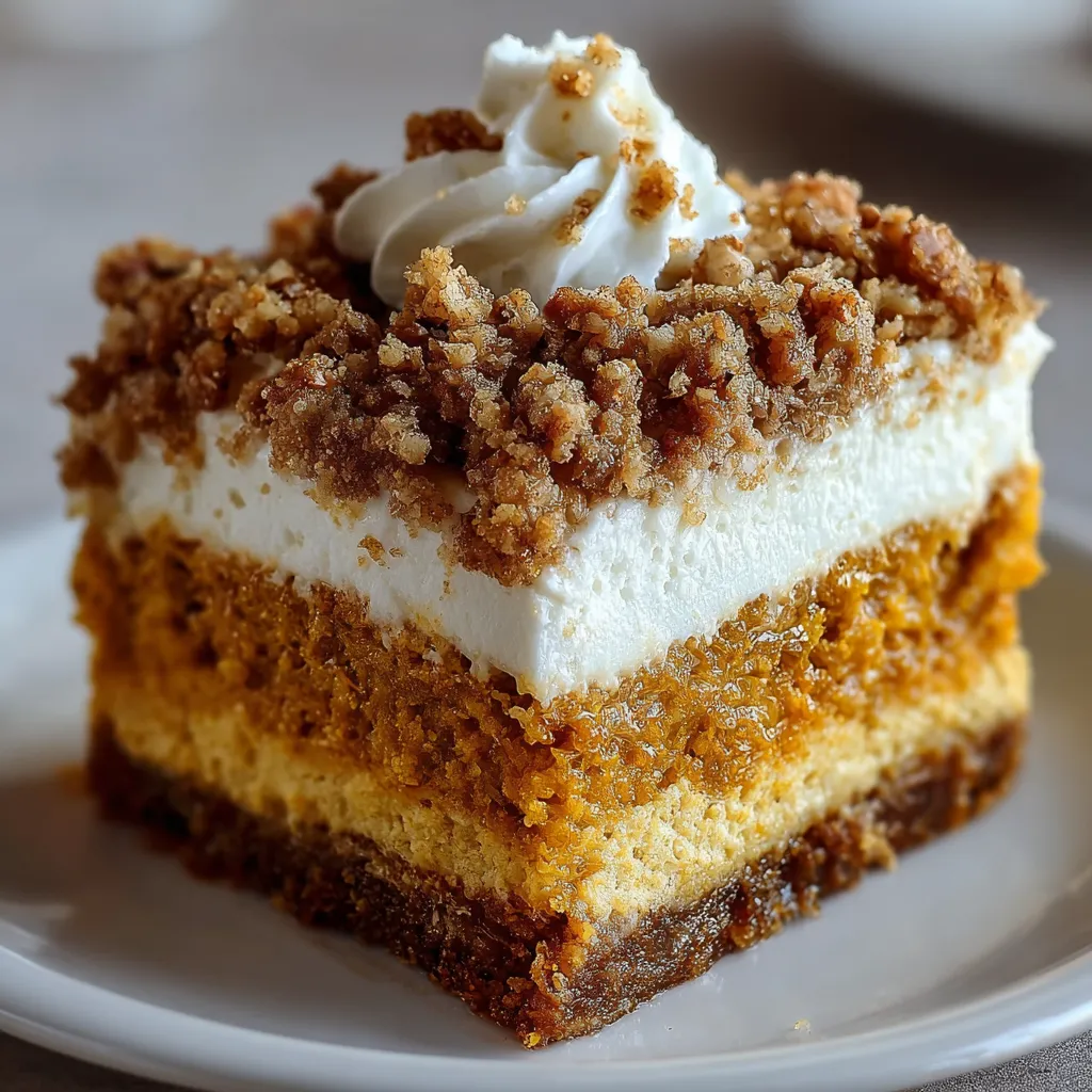 Pumpkin Crunch Cake with creamy pumpkin filling, buttery cake topping, and toasted pecans on a plate.