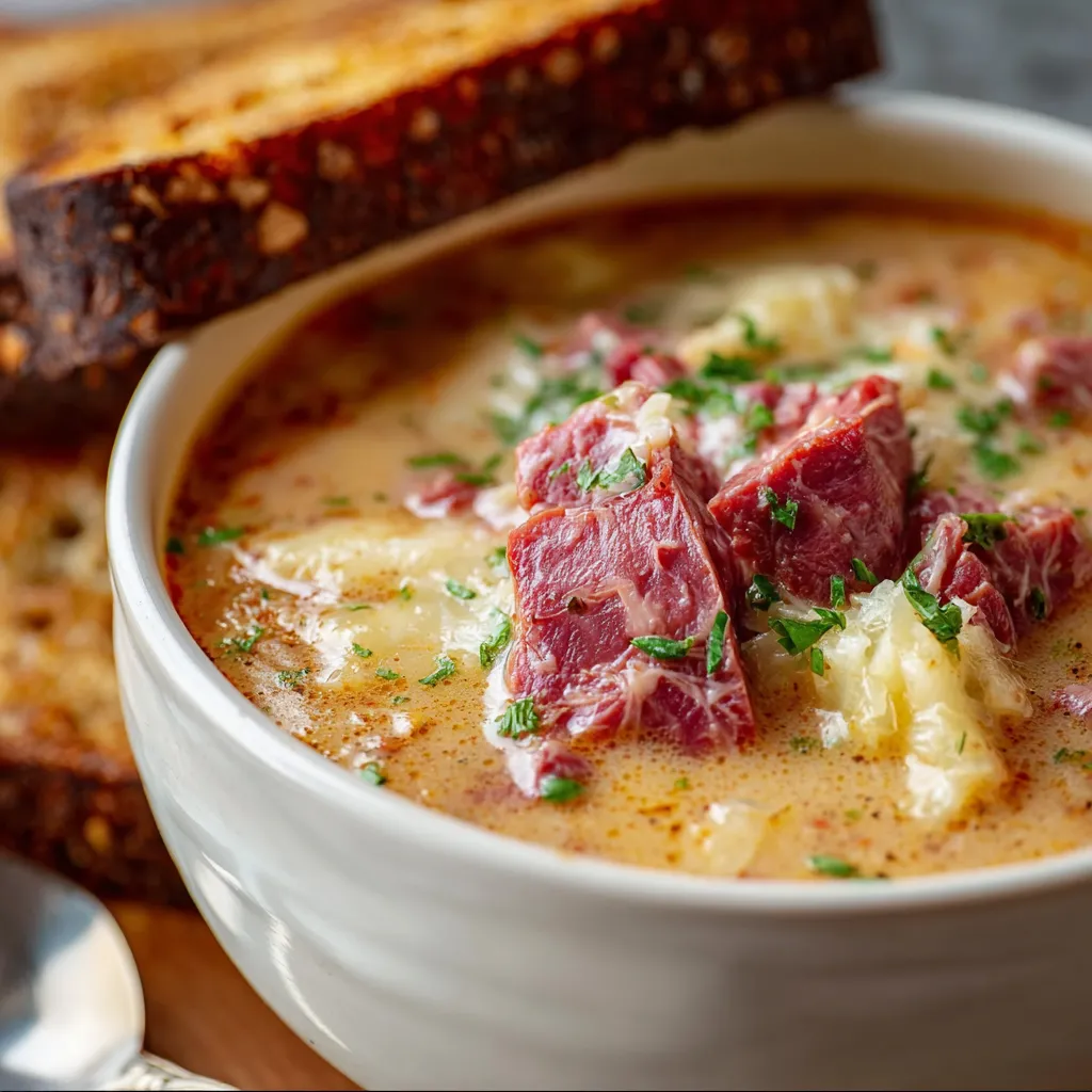 Bowl of creamy Reuben Soup topped with rye croutons, shredded Swiss cheese, and parsley garnish.