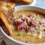 Bowl of creamy Reuben Soup topped with rye croutons, shredded Swiss cheese, and parsley garnish.