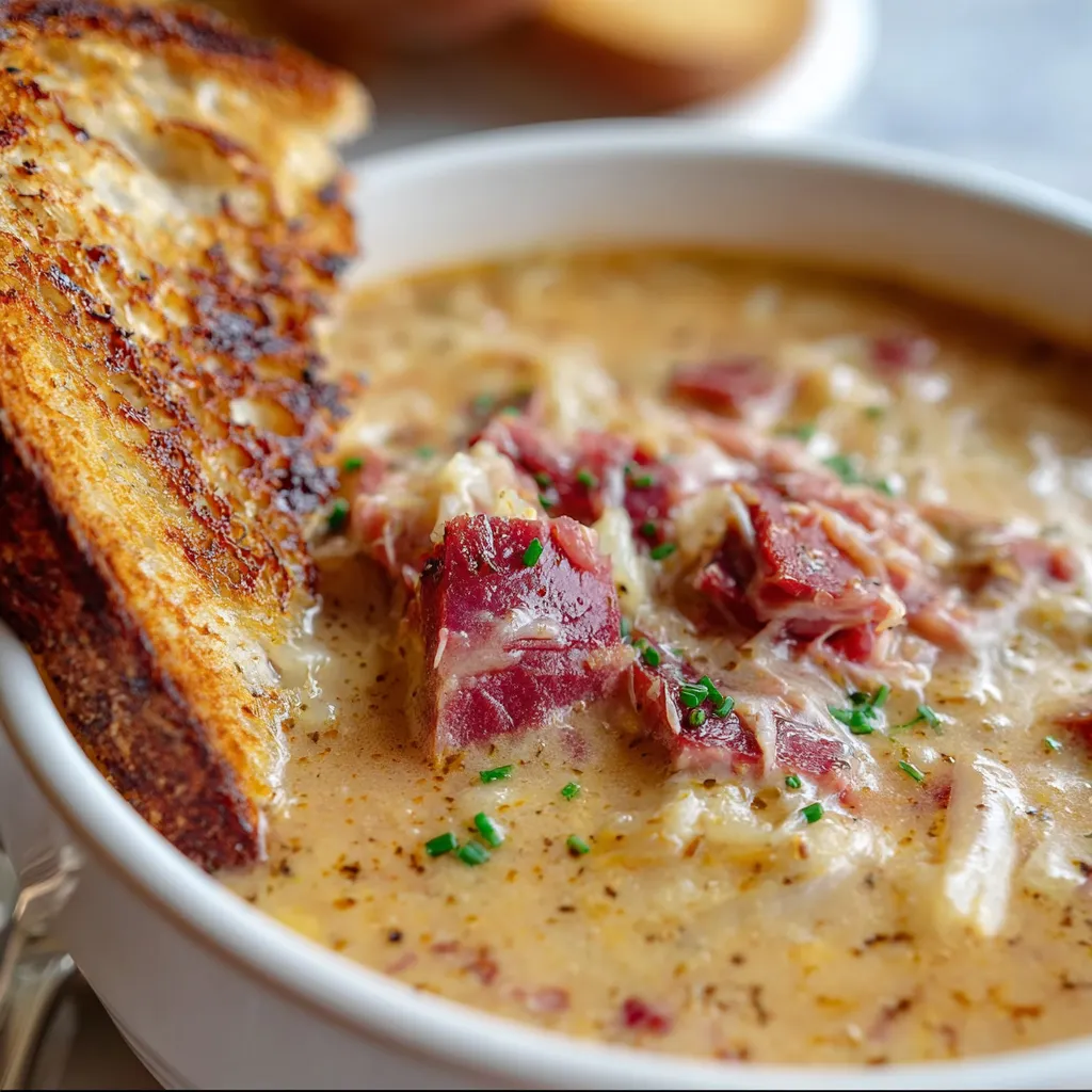 Bowl of creamy Reuben Soup topped with rye croutons, shredded Swiss cheese, and parsley garnish.