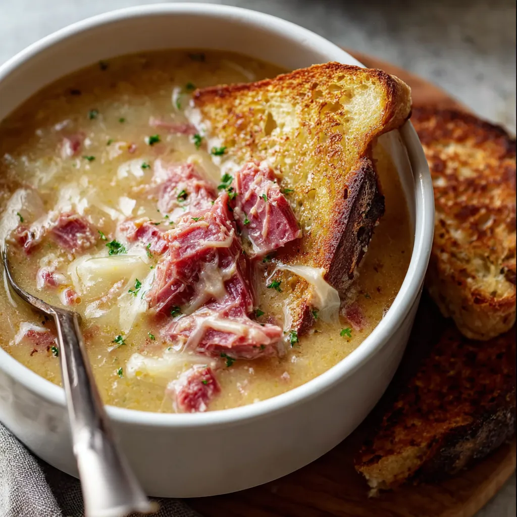 Bowl of creamy Reuben Soup topped with rye croutons, shredded Swiss cheese, and parsley garnish.