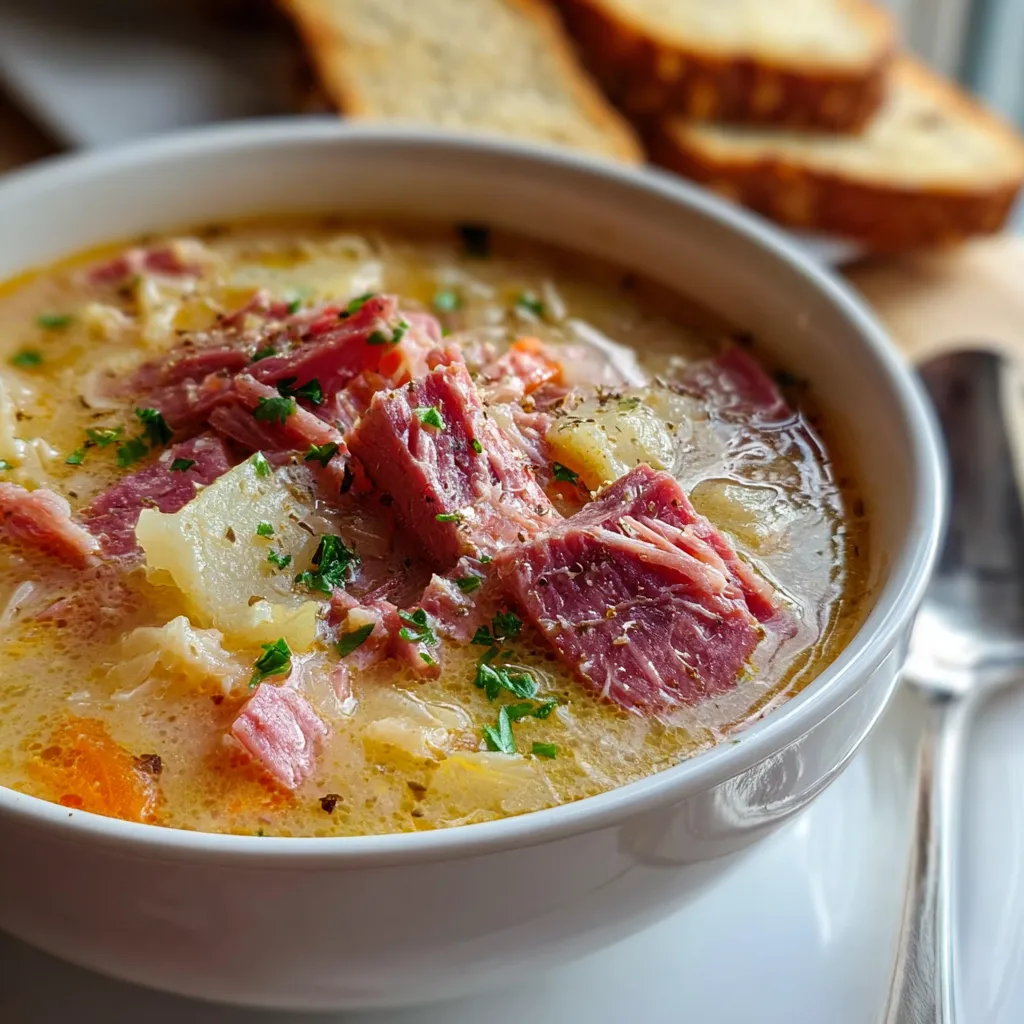 Bowl of creamy Reuben Soup topped with rye croutons, shredded Swiss cheese, and parsley garnish.
