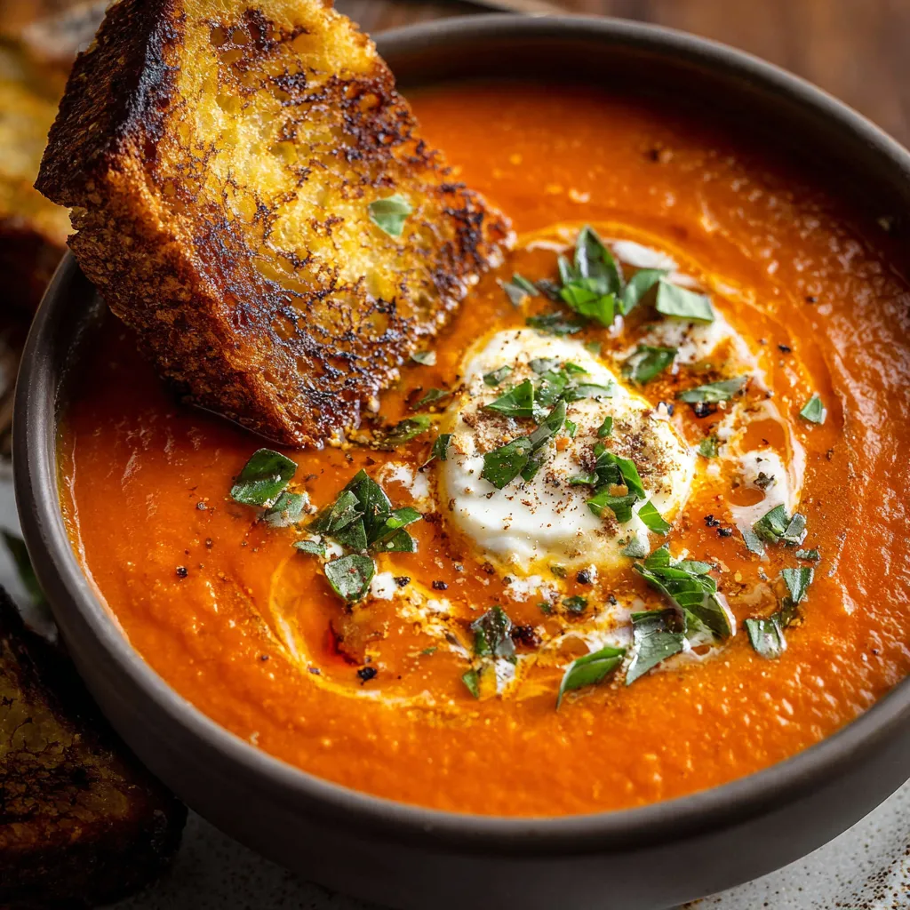 A bowl of creamy roasted tomato garlic soup garnished with fresh basil and served with crusty bread.
