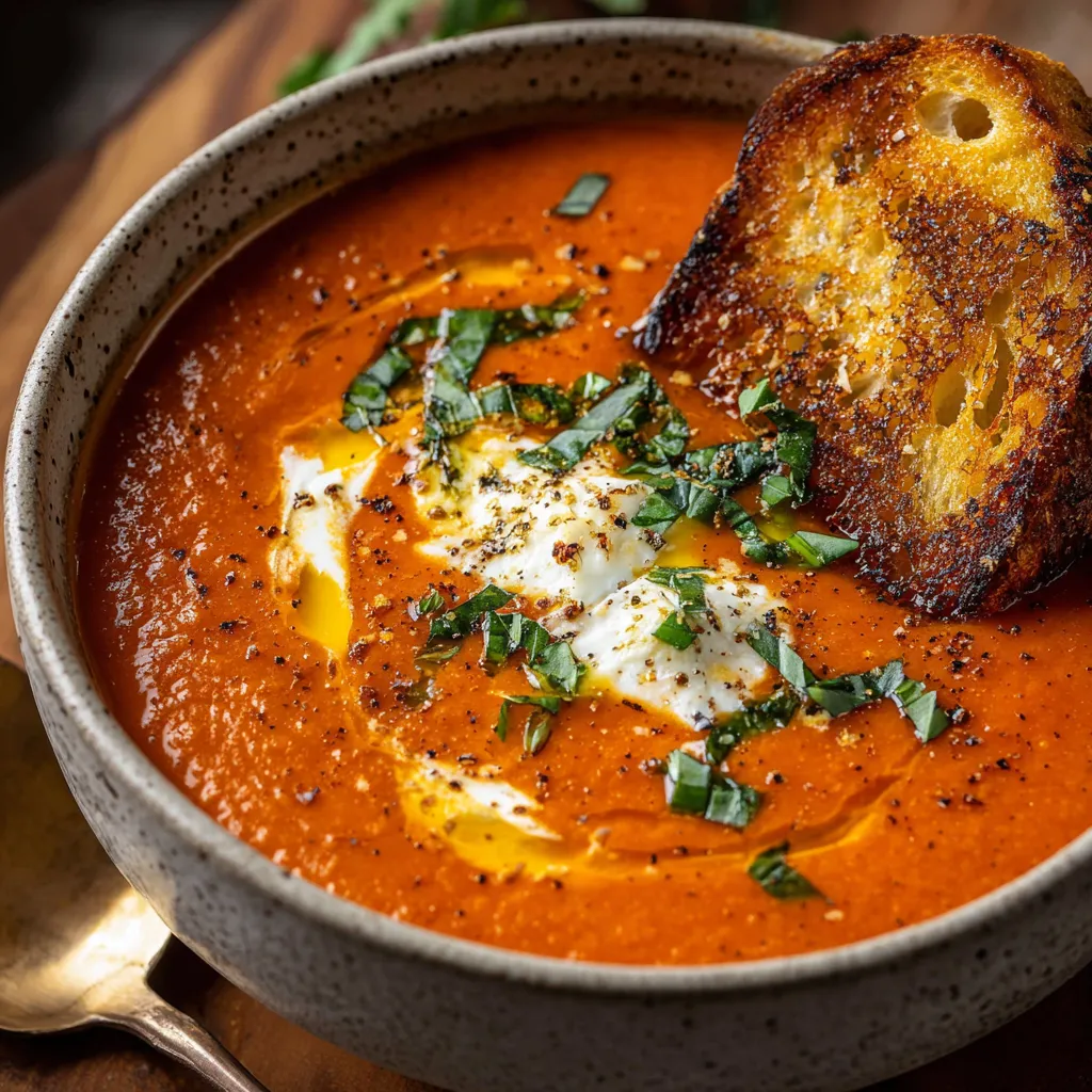 A bowl of creamy roasted tomato garlic soup garnished with fresh basil and served with crusty bread.