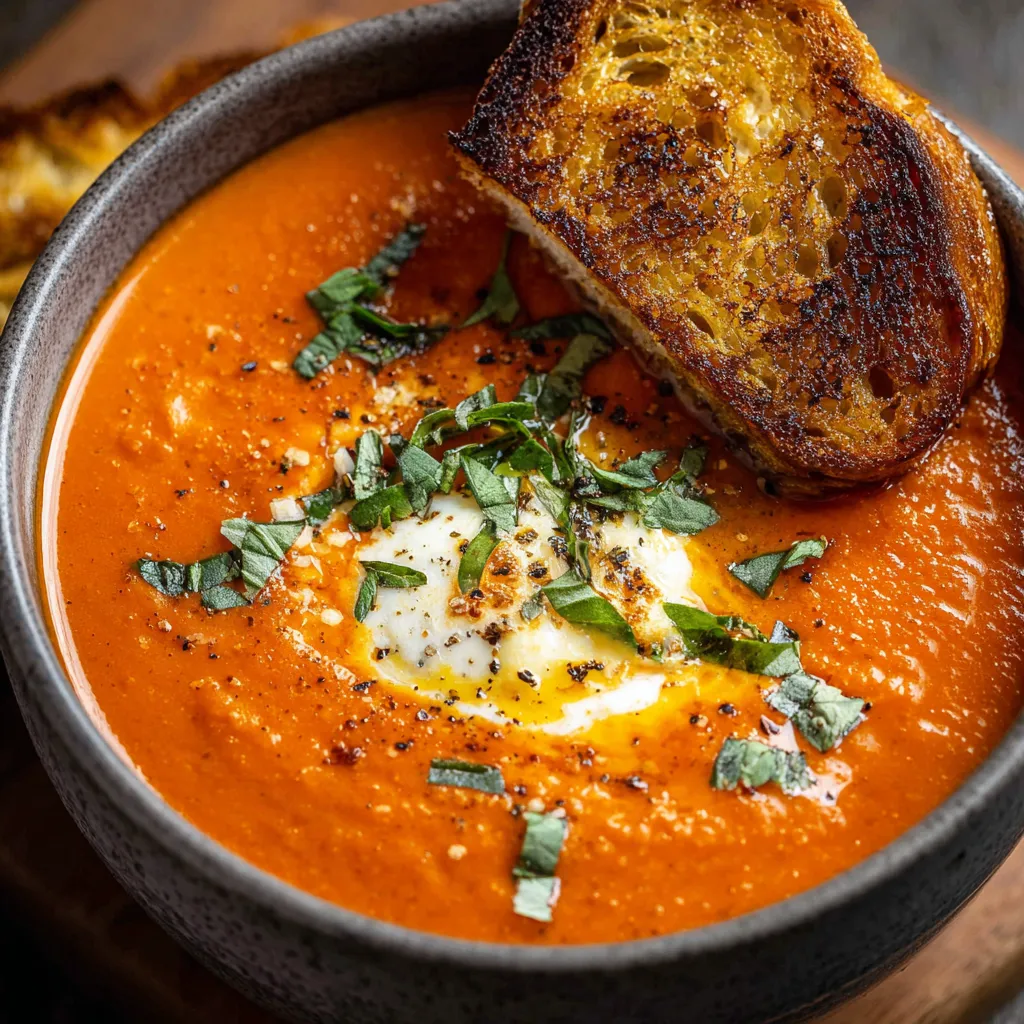 A bowl of creamy roasted tomato garlic soup garnished with fresh basil and served with crusty bread.