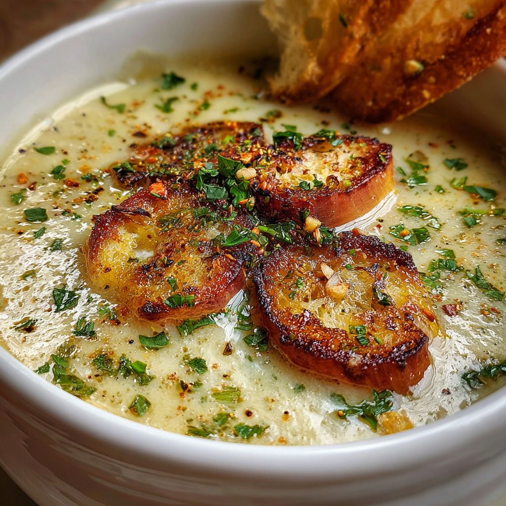Creamy French garlic soup served in a bowl with crusty toasted bread and fresh parsley.