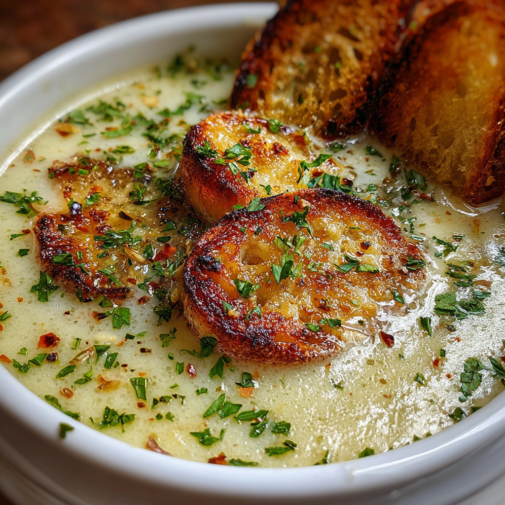 Creamy French garlic soup served in a bowl with crusty toasted bread and fresh parsley.