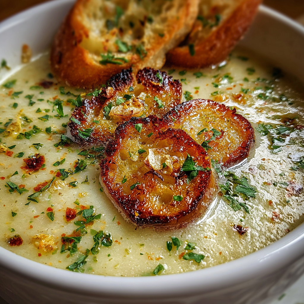 Creamy French garlic soup served in a bowl with crusty toasted bread and fresh parsley.