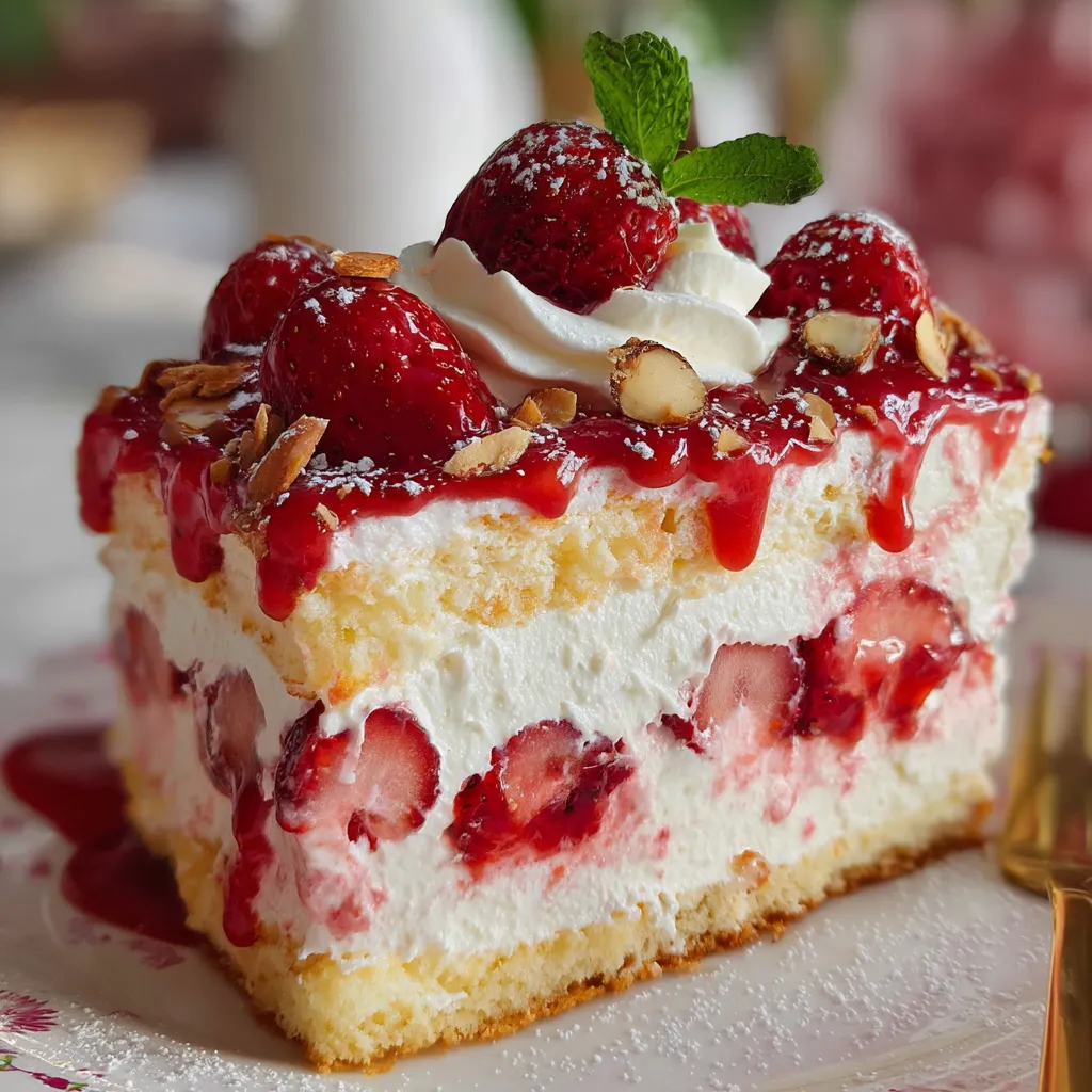 Layered Strawberry Heaven On Earth Cake in a glass baking dish with whipped topping and fresh strawberries.