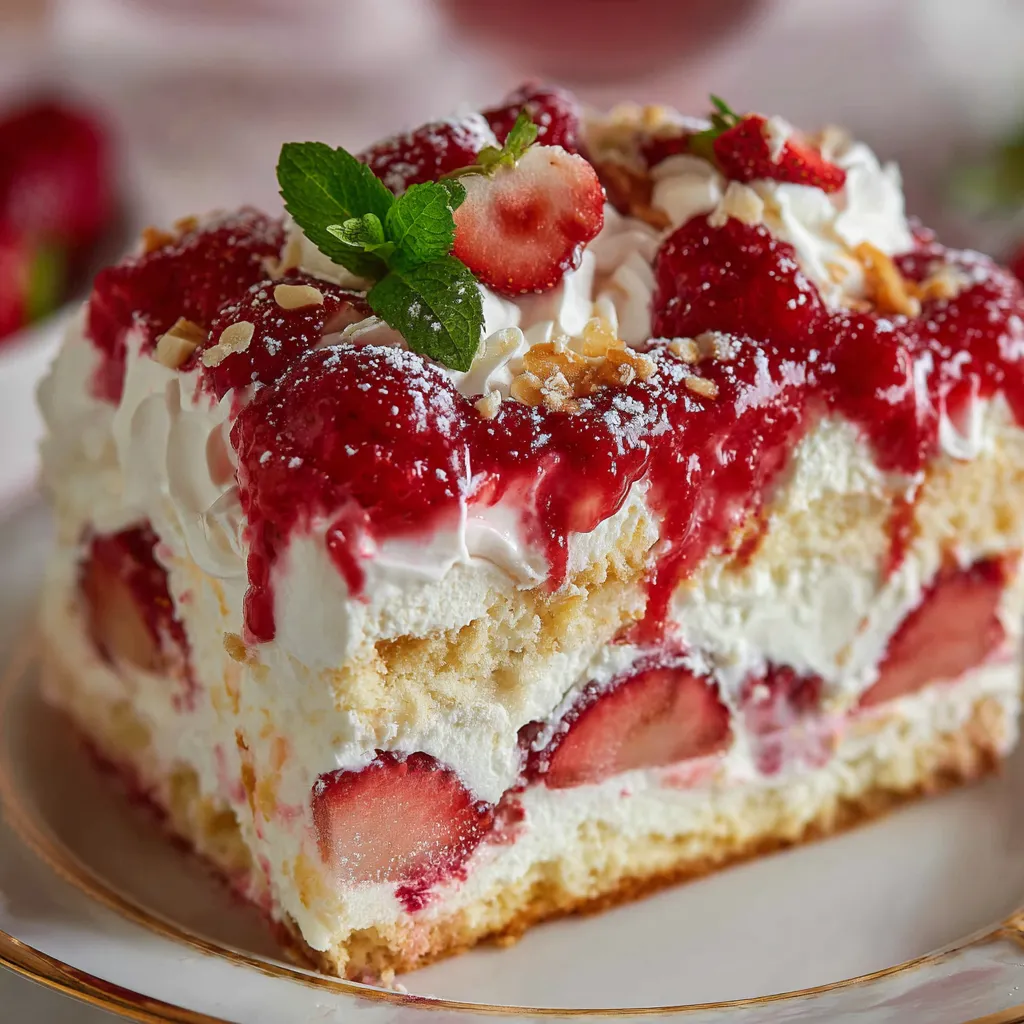 Layered Strawberry Heaven On Earth Cake in a glass baking dish with whipped topping and fresh strawberries.