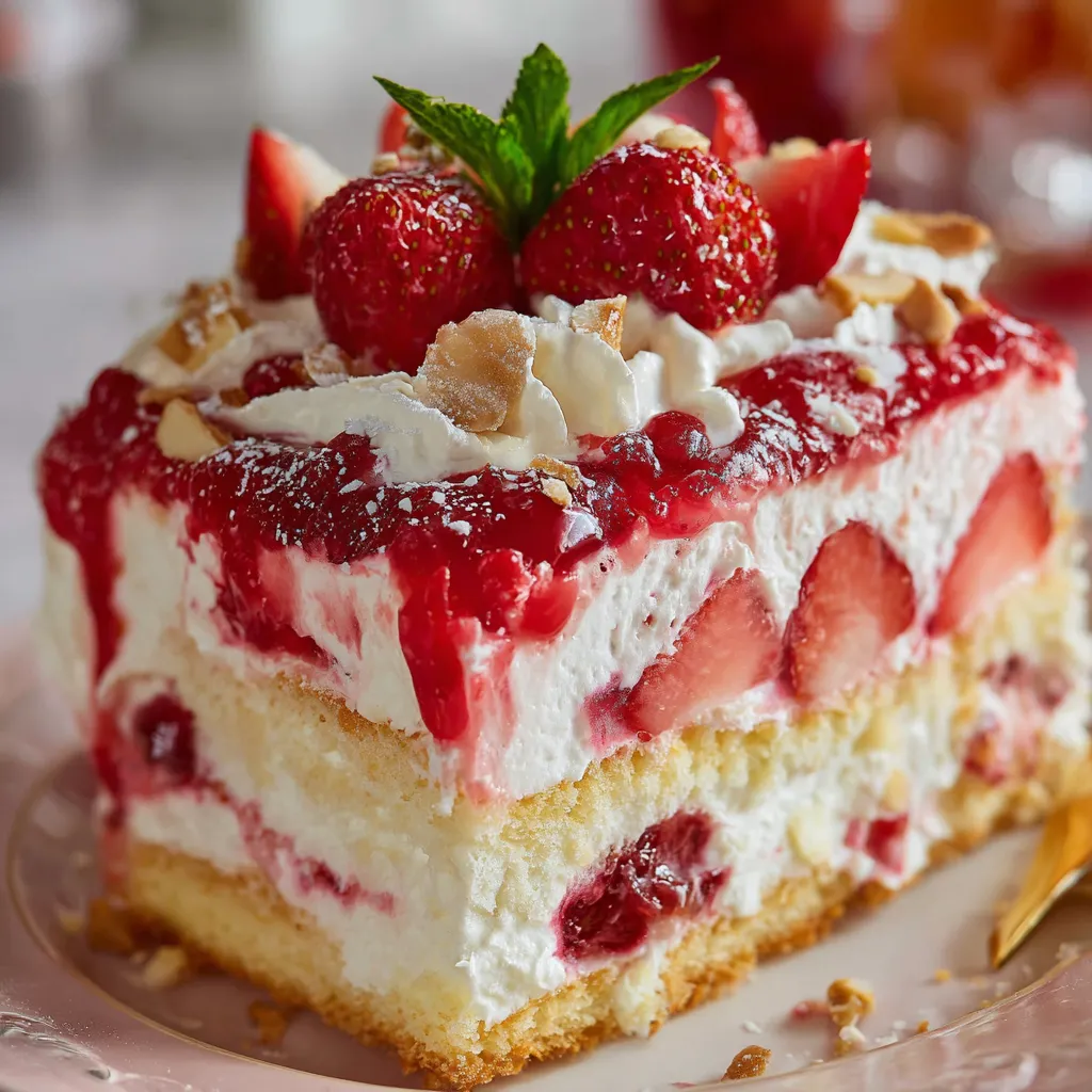 Layered Strawberry Heaven On Earth Cake in a glass baking dish with whipped topping and fresh strawberries.