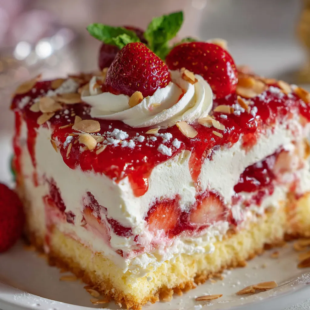 Layered Strawberry Heaven On Earth Cake in a glass baking dish with whipped topping and fresh strawberries.