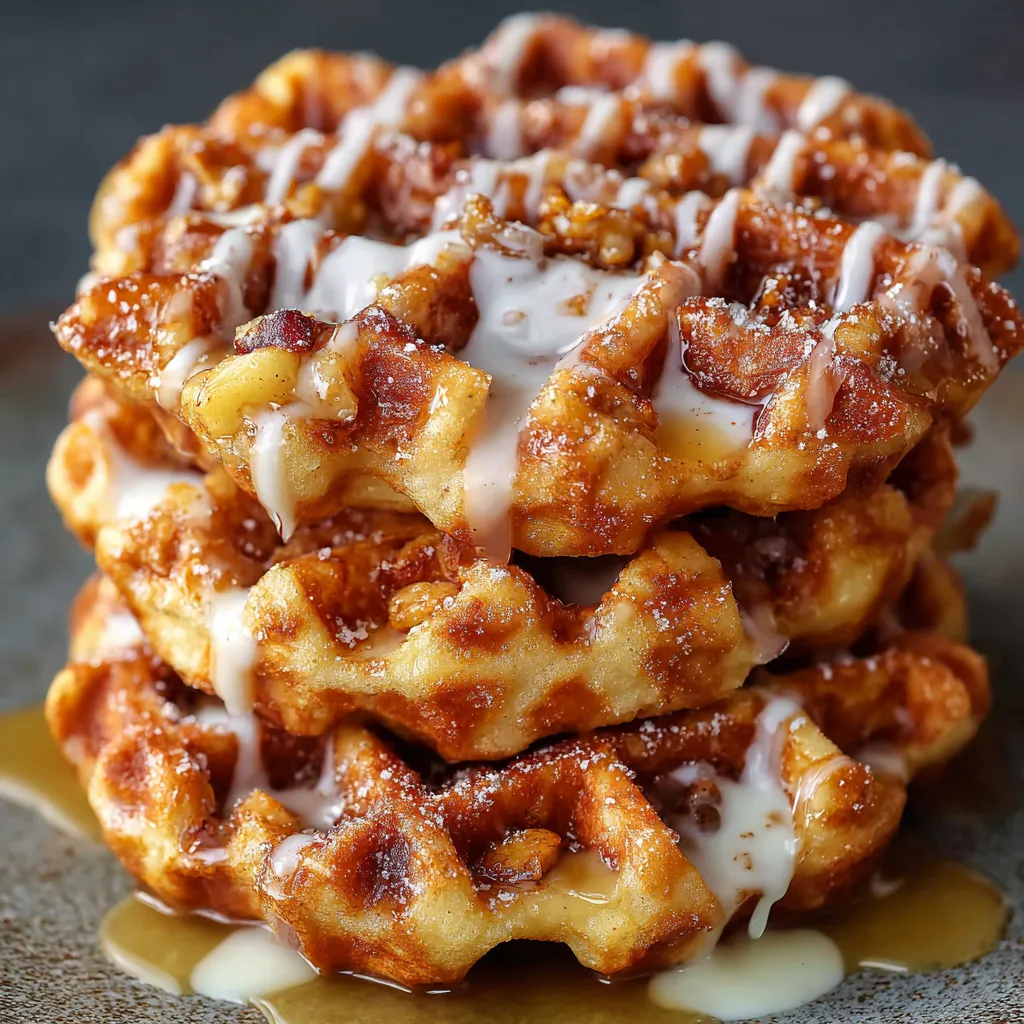 Golden Apple Fritter Waffle Donuts drizzled with vanilla glaze on a white plate.
