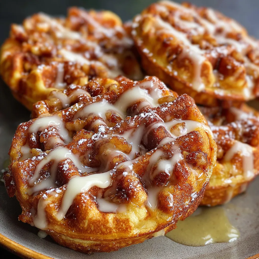 Golden Apple Fritter Waffle Donuts drizzled with vanilla glaze on a white plate.