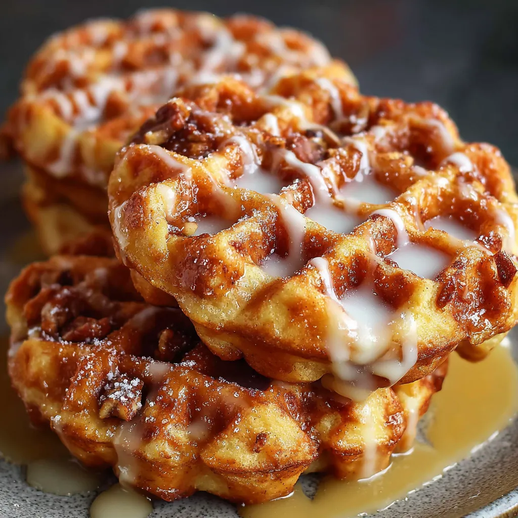 Golden Apple Fritter Waffle Donuts drizzled with vanilla glaze on a white plate.
