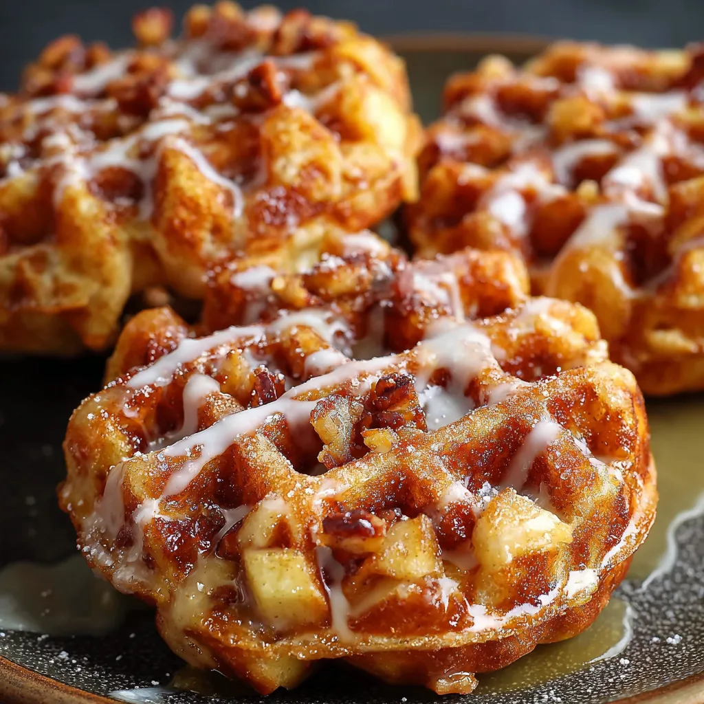 Golden Apple Fritter Waffle Donuts drizzled with vanilla glaze on a white plate.