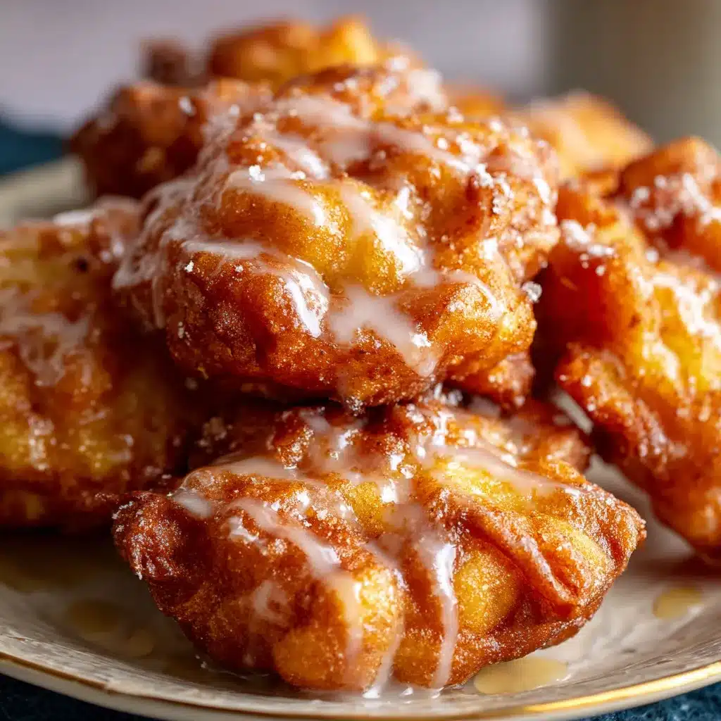 Freshly glazed apple fritters on a cooling rack, golden and crisp with sweet vanilla icing.