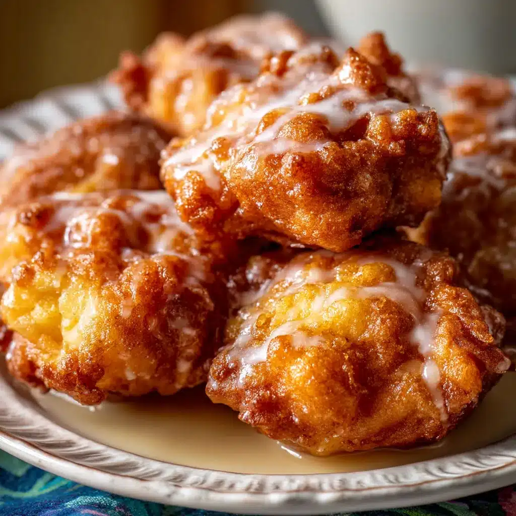 Freshly glazed apple fritters on a cooling rack, golden and crisp with sweet vanilla icing.