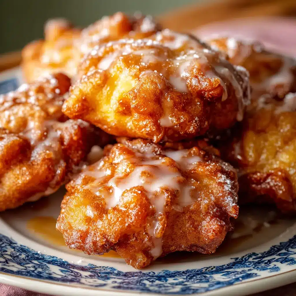 Freshly glazed apple fritters on a cooling rack, golden and crisp with sweet vanilla icing.