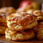 Apple Pie Biscuits on parchment paper with drizzle of vanilla glaze and warm cinnamon filling inside