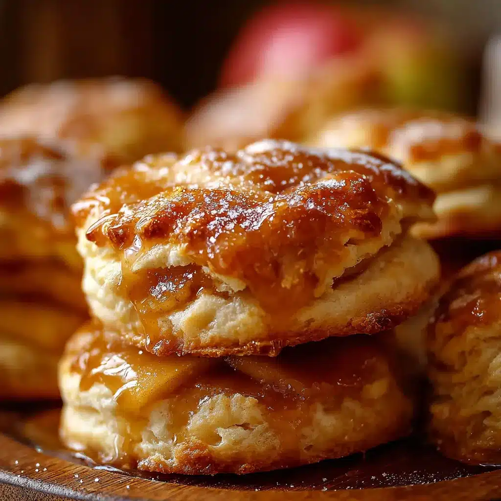 Apple Pie Biscuits on parchment paper with drizzle of vanilla glaze and warm cinnamon filling inside