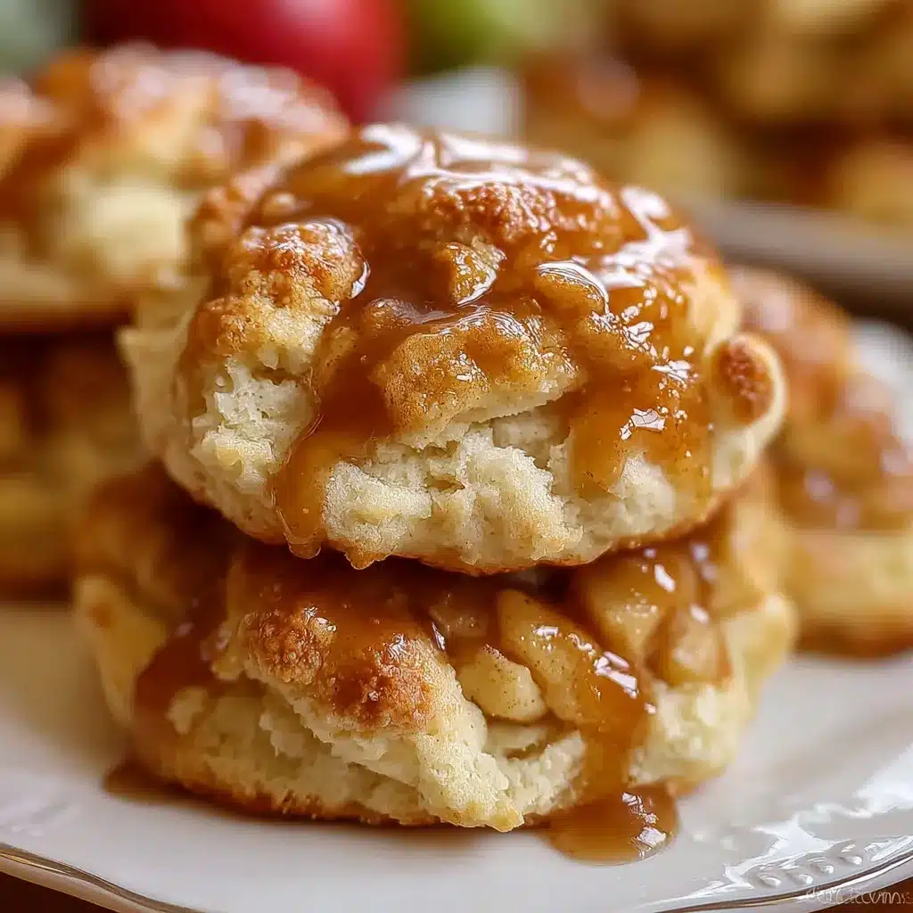 Apple Pie Biscuits on parchment paper with drizzle of vanilla glaze and warm cinnamon filling inside