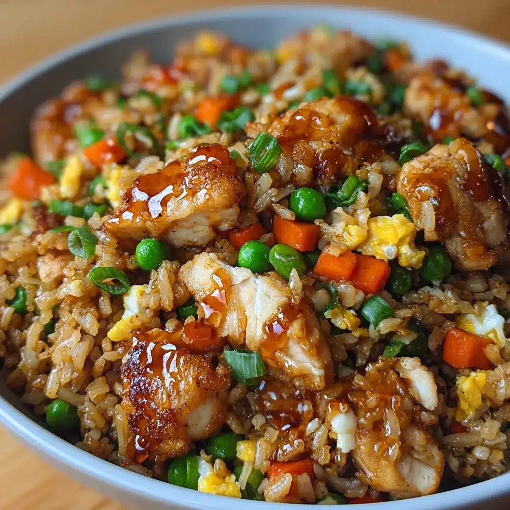 Bang Bang Chicken Fried Rice served with golden crispy chicken, vegetables, and creamy spicy sauce