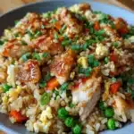 Bang Bang Chicken Fried Rice served with golden crispy chicken, vegetables, and creamy spicy sauce