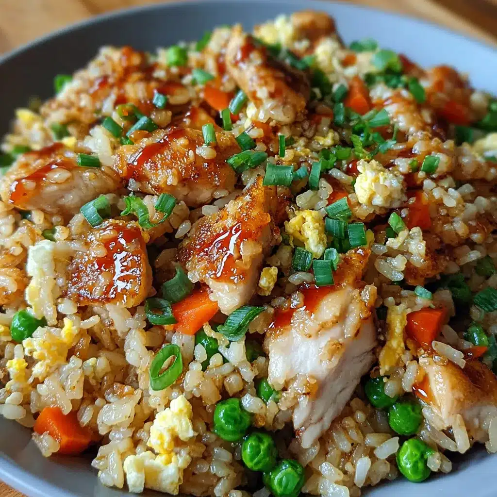 Bang Bang Chicken Fried Rice served with golden crispy chicken, vegetables, and creamy spicy sauce