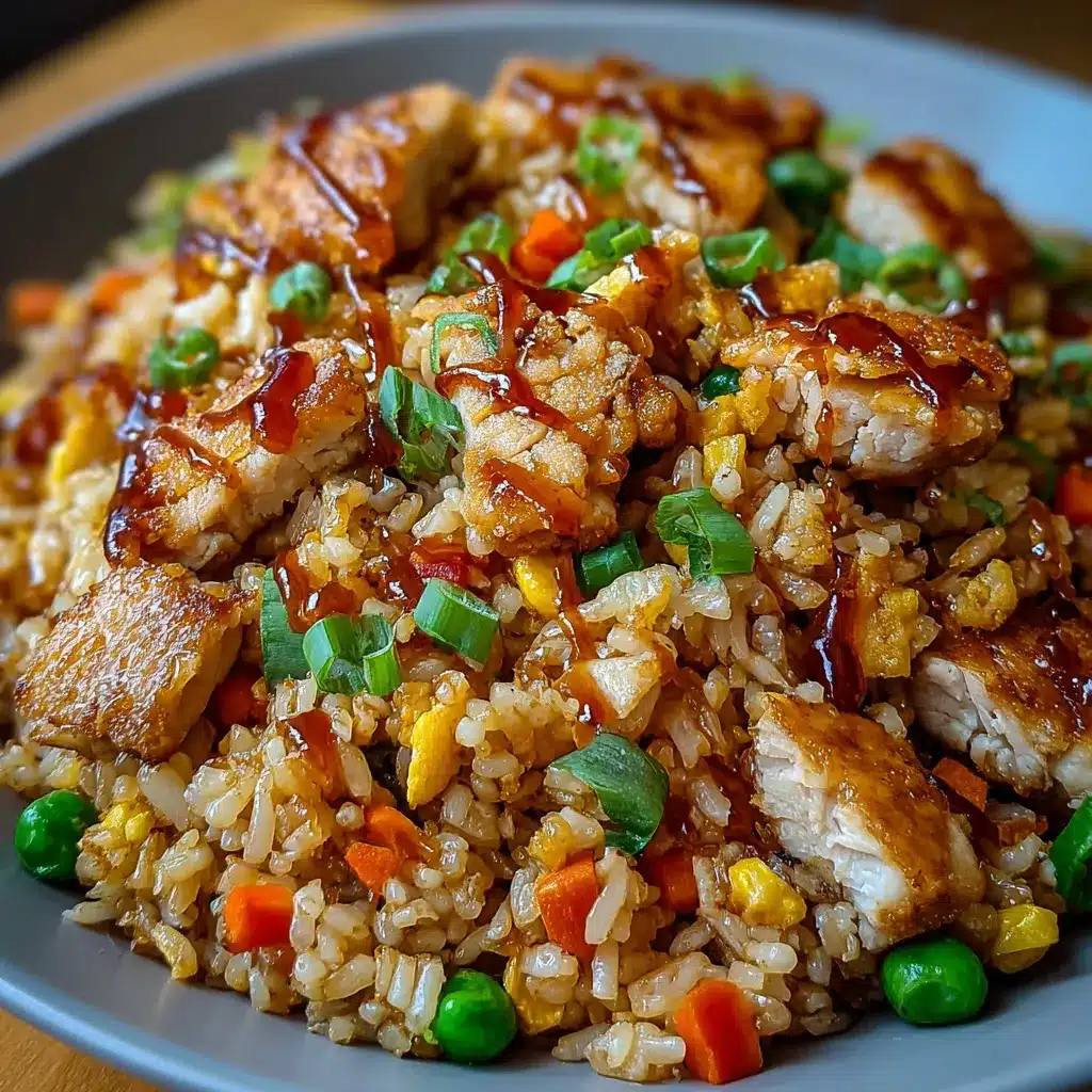 Bang Bang Chicken Fried Rice served with golden crispy chicken, vegetables, and creamy spicy sauce