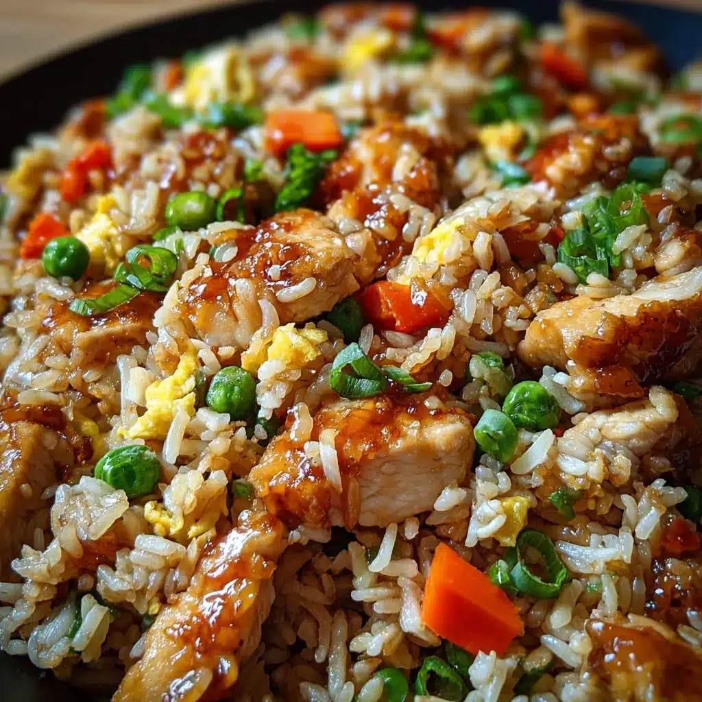 Bang Bang Chicken Fried Rice served with golden crispy chicken, vegetables, and creamy spicy sauce