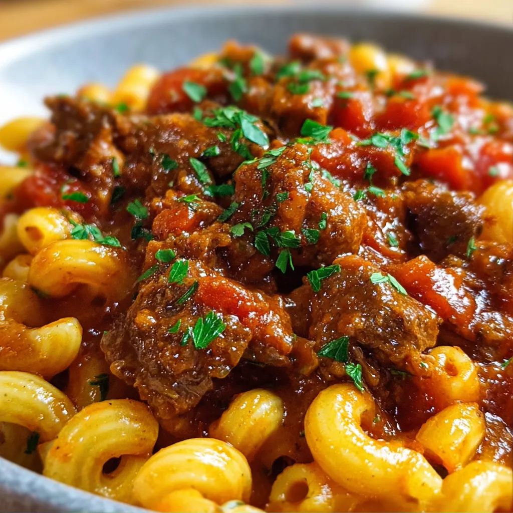 Warm bowl of Beefy American Goulash topped with fresh parsley
