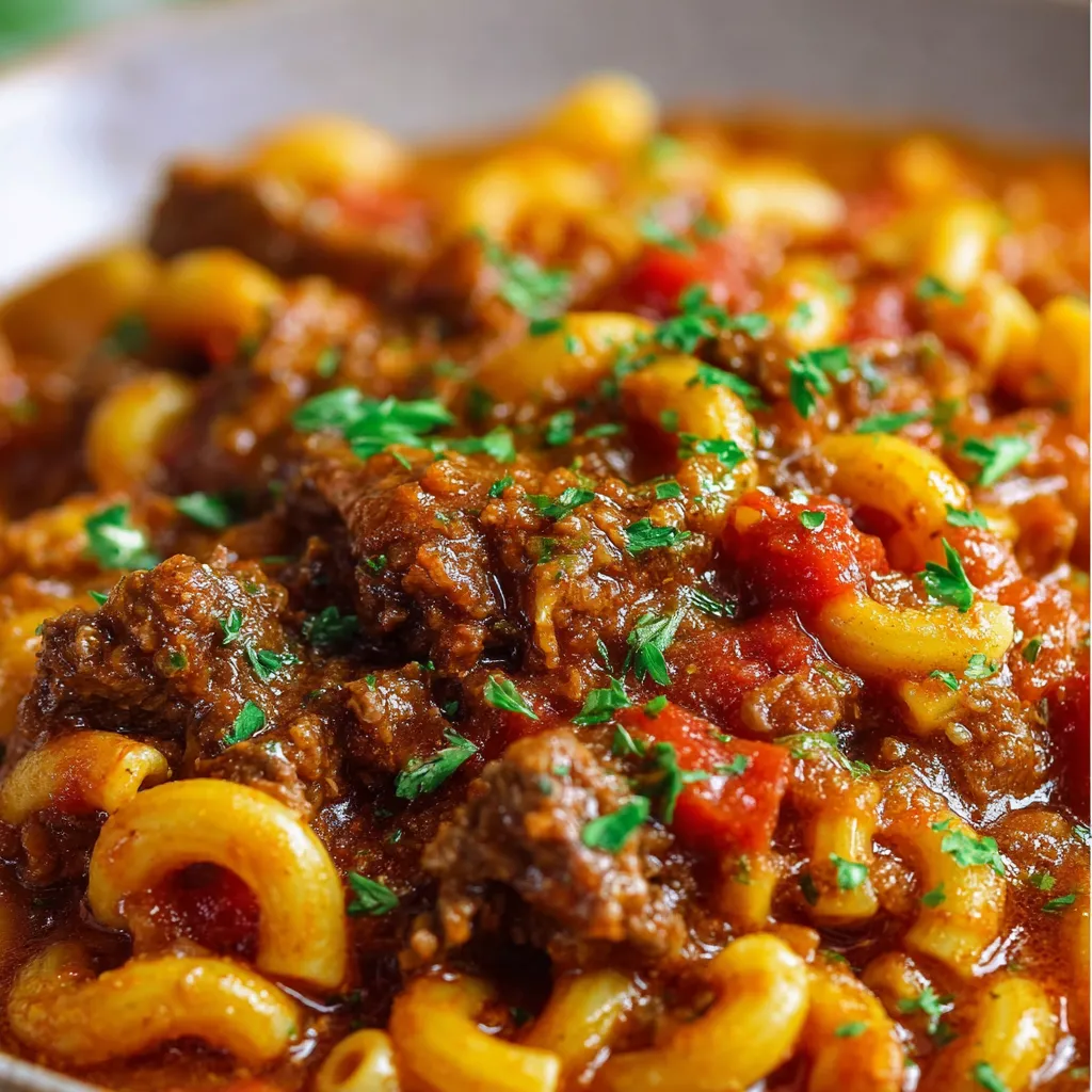 Warm bowl of Beefy American Goulash topped with fresh parsley