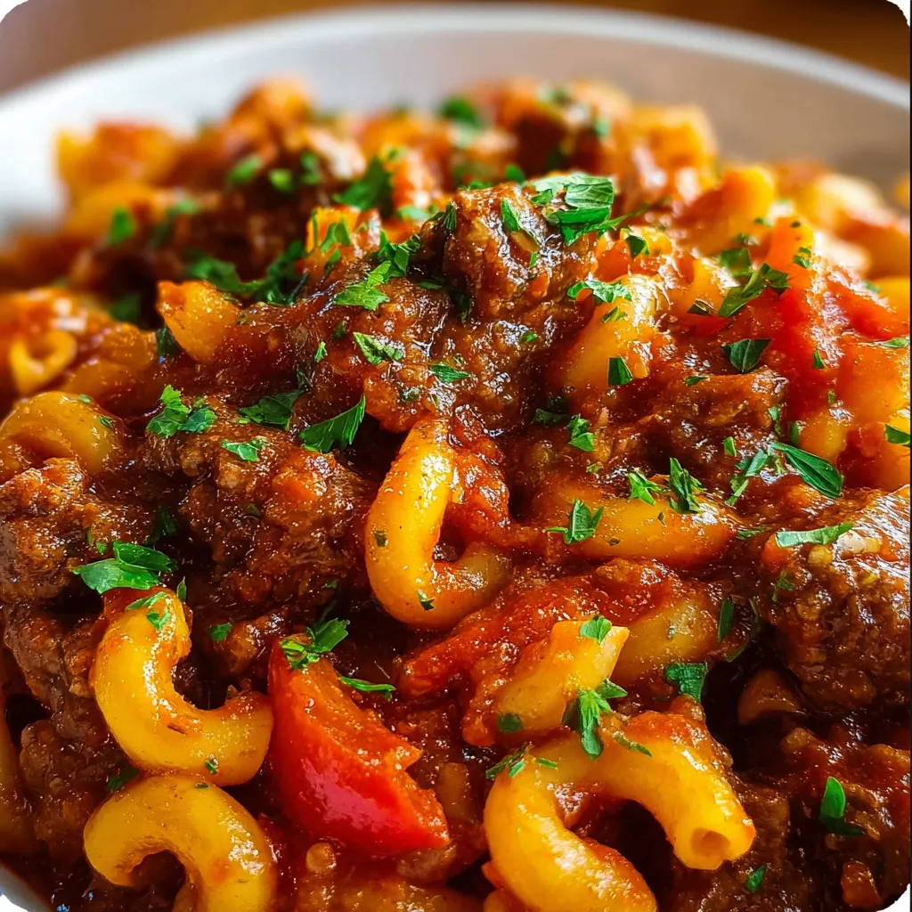 Warm bowl of Beefy American Goulash topped with fresh parsley