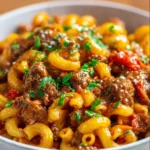 Warm bowl of Beefy American Goulash topped with fresh parsley