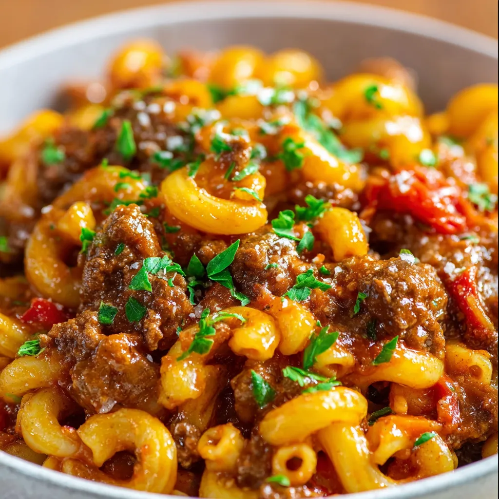 Warm bowl of Beefy American Goulash topped with fresh parsley