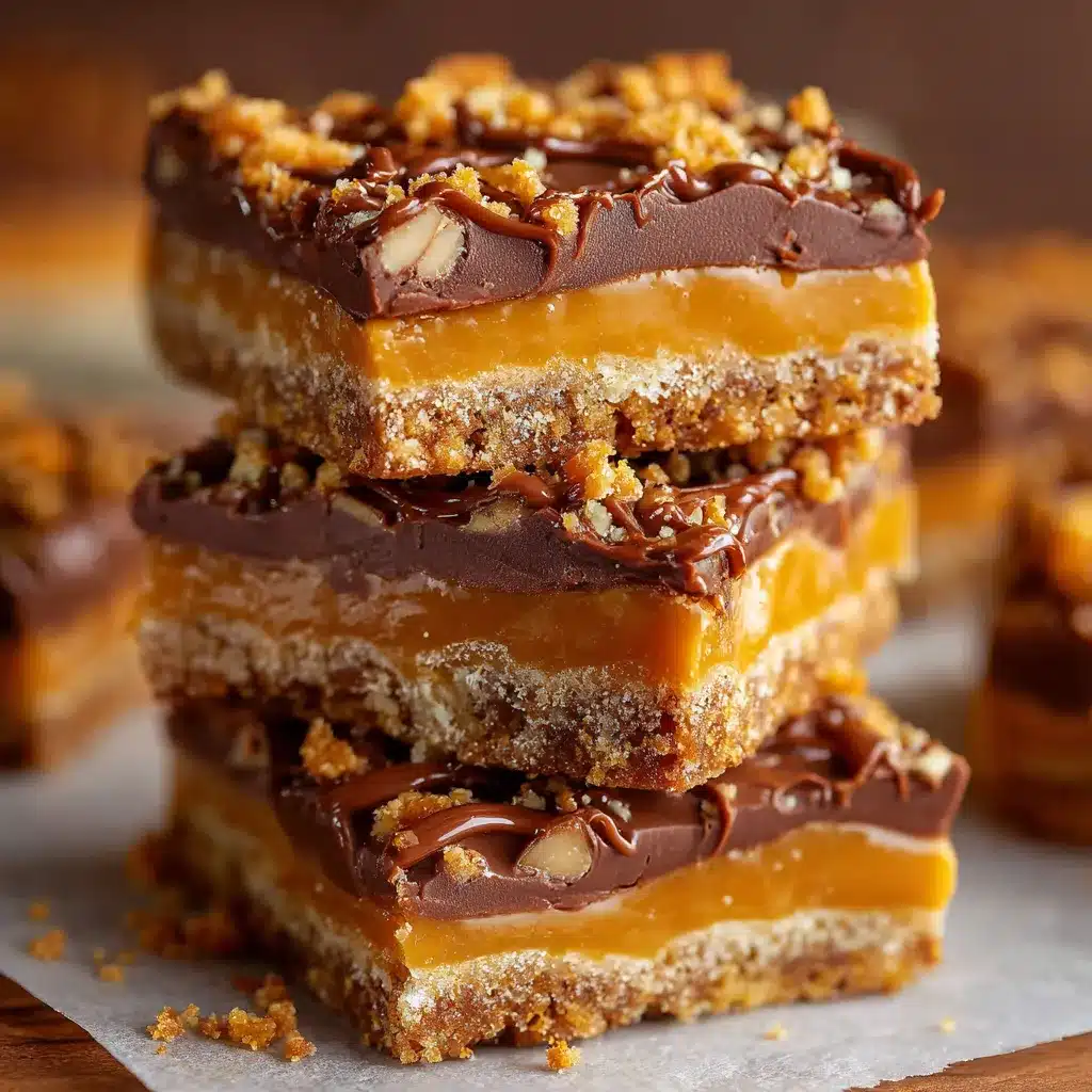 A stack of gooey Butterfinger Caramel Crunch Bars with melted chocolate and caramel drizzle.