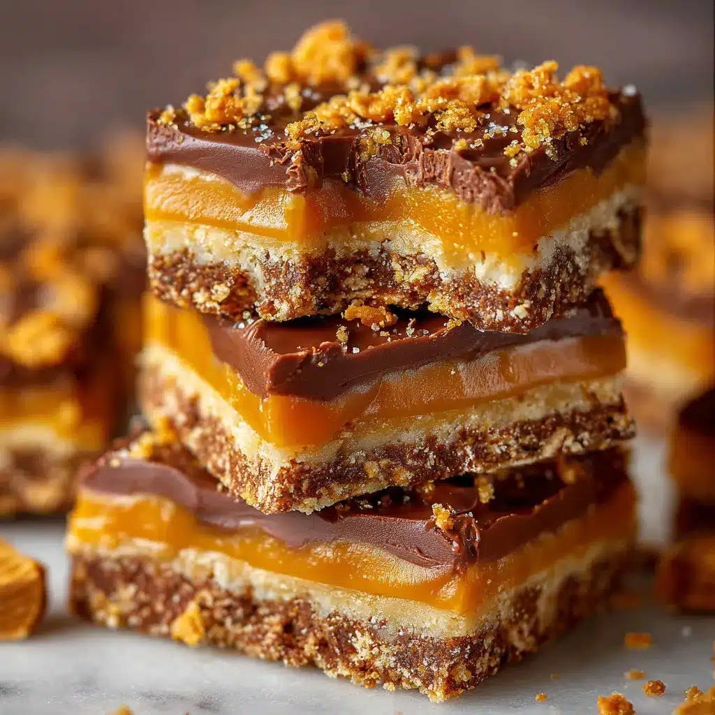 A stack of gooey Butterfinger Caramel Crunch Bars with melted chocolate and caramel drizzle.