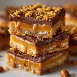 A stack of gooey Butterfinger Caramel Crunch Bars with melted chocolate and caramel drizzle.