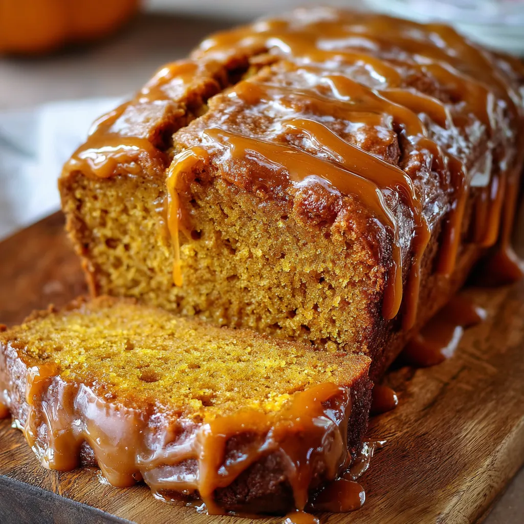 Butterscotch glazed pumpkin bread on a wooden board with glaze dripping down the sides.