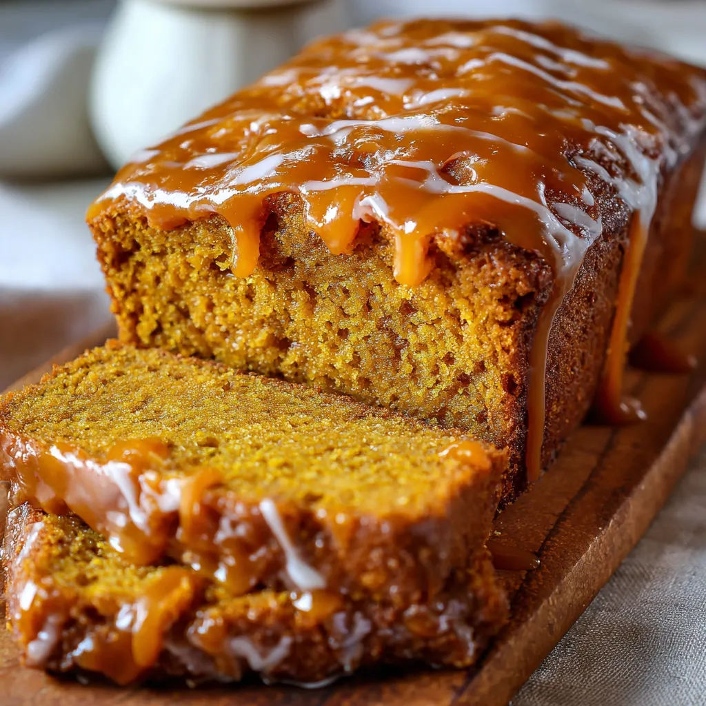 Butterscotch glazed pumpkin bread on a wooden board with glaze dripping down the sides.