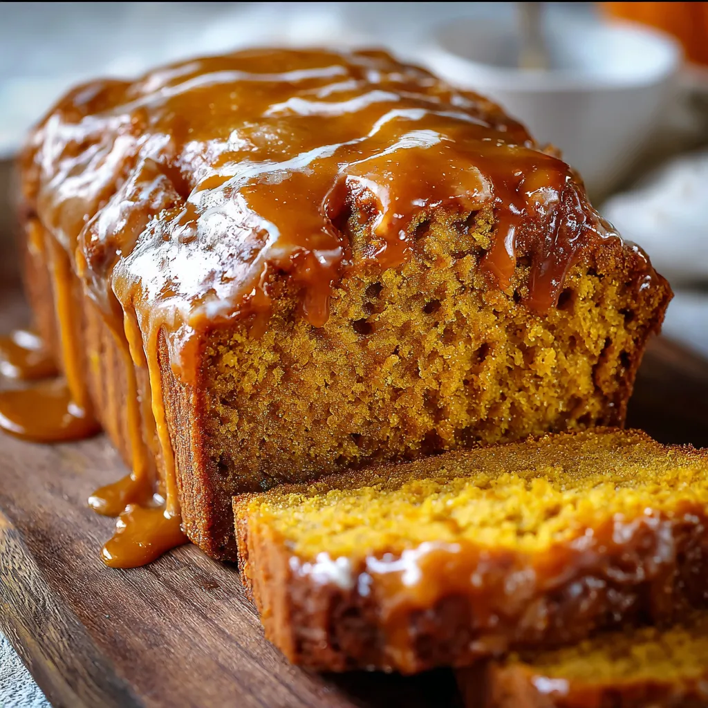Butterscotch glazed pumpkin bread on a wooden board with glaze dripping down the sides.