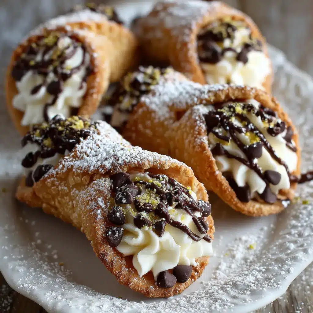 Freshly baked Cannoli Cookies topped with powdered sugar, with chocolate chips and pistachios visible inside.
