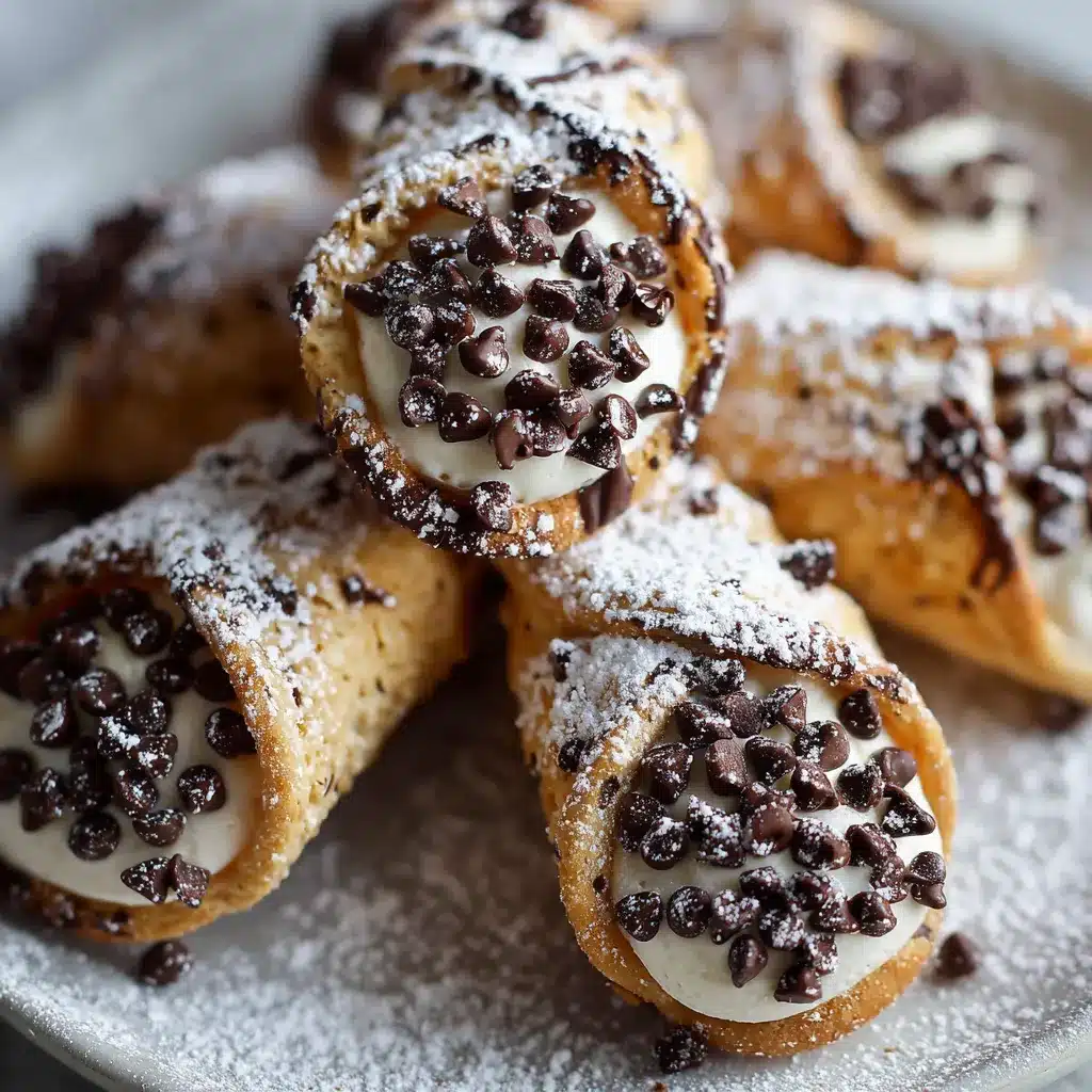 Freshly baked Cannoli Cookies topped with powdered sugar, with chocolate chips and pistachios visible inside.